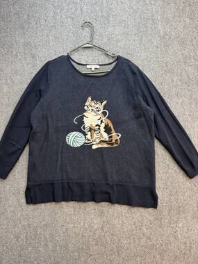 Astrologie Women's XL Navy Blue Cat Yarn Intarsia Knit Pullover Sweater